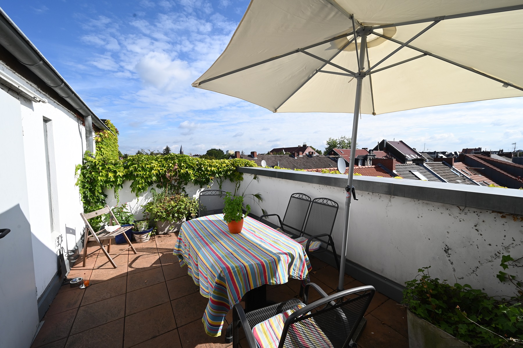Balkon mit Sonnenschirm und Blick auf Dächer Kölns